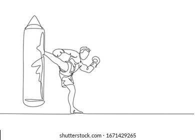 One single line drawing of young energetic man kickboxer practice high kicking with punch bag in boxing arena vector illustration. Healthy lifestyle sport concept. Modern continuous line draw design