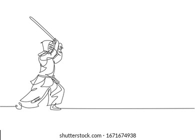 One Single Line Drawing Of Young Energetic Man Exercise Attack Skill On Kendo With Wooden Sword At Gym Center Vector Illustration. Combative Fight Sport Concept. Modern Continuous Line Draw Design