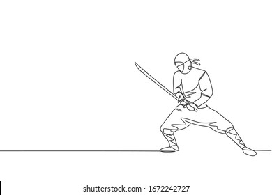 Eine einzige Linie Zeichnung der jungen energetischen japanischen traditionellen Ninja, die Samurai Schwert auf Angriff Vektorillustration Illustration. Konzept des Kampfsport. Modernes Design für fortlaufende Linienführung