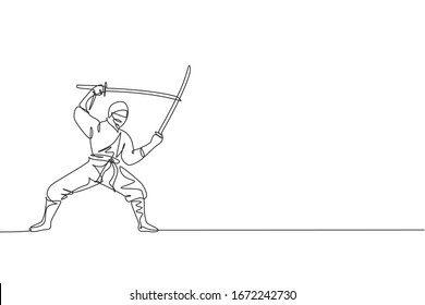 Un dibujo de una sola línea de jóvenes enérgicos ninja tradicionales japoneses sosteniendo espadas samurai en ataque representa ilustración vectorial. Concepto de deporte de arte marcial. Diseño moderno de líneas continuas