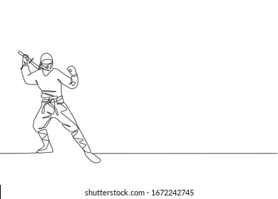 Eine einzige Linie Zeichnung der jungen energetischen japanischen traditionellen Ninja, die Samurai Schwert auf Angriff Vektorillustration Illustration. Konzept des Kampfsport. Modernes Design für fortlaufende Linienführung