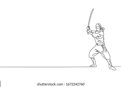 Eine einzige Linie Zeichnung der jungen energetischen japanischen traditionellen Ninja, die Samurai Schwert auf Angriff Vektorillustration Illustration. Konzept des Kampfsport. Modernes Design für fortlaufende Linienführung