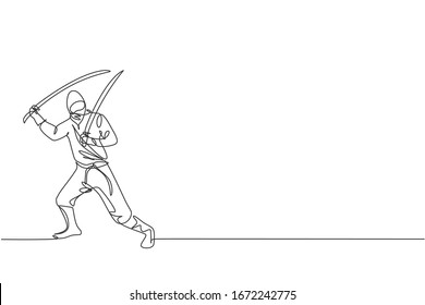 Eine einzige Linie Zeichnung der jungen energetischen japanischen traditionellen Ninja hält Samurai Schwerter auf Angriff Pose Vektorillustration Illustration. Konzept des Kampfsport. Modernes Design für fortlaufende Linienführung