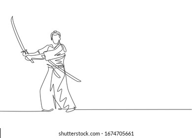 Dibujo de una sola línea de un joven guerrero samurai japonés sosteniendo una espada katana practicando en la ilustración vectorial del dojo central. Concepto de arte marcial combativo. Diseño moderno de líneas continuas