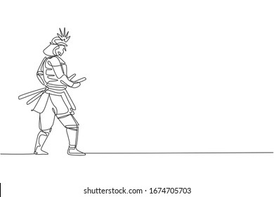 One single line drawing of young Japanese samurai warrior holding katana sword practicing at dojo center vector graphic illustration. Combative martial art concept. Modern continuous line draw design