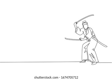 One single line drawing of young Japanese samurai warrior holding katana sword practicing at dojo center graphic vector illustration. Combative martial art concept. Modern continuous line draw design