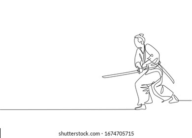 One single line drawing of young Japanese samurai warrior holding katana sword practicing at dojo center graphic vector illustration. Combative martial art concept. Modern continuous line draw design
