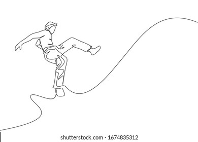 Un dibujo de una sola línea de un hombre joven y enérgico bailarín de capoeira realiza salto bailando ilustración vectorial de lucha. Concepto tradicional de deporte de estilo de vida de arte marcial. Diseño moderno de líneas continuas