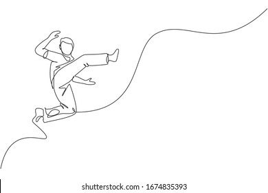 Un dibujo de una sola línea de un hombre joven y enérgico bailarín de capoeira interpreta la ilustración del vector de lucha bailarina. Concepto tradicional de deporte de estilo de vida de arte marcial. Diseño moderno de líneas continuas