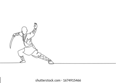 One single line drawing of young energetic shaolin monk man exercise kung fu fighting with sword at temple vector illustration. Ancient martial art sport concept. Modern continuous line draw design