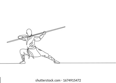 Un dibujo de una sola línea de jóvenes y enérgicos monjes shaolin ejercitan kung fu lucha con palos en la ilustración vectorial del templo. Antiguo concepto de arte marcial chino. Diseño continuo de dibujo de línea