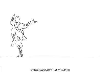 Un dibujo de una sola línea de un joven monje shaolin enérgico ejerciendo la lucha kung fu en la ilustración vectorial del templo. Antiguo concepto de arte marcial chino. Diseño moderno de líneas continuas