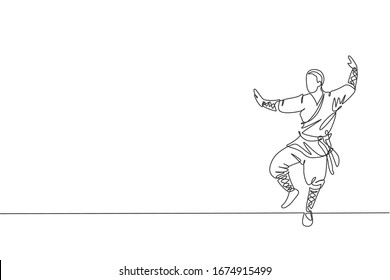 One single line drawing young energetic shaolin monk man exercise kung fu fighting at temple vector graphic illustration. Ancient Chinese martial art sport concept. Modern continuous line draw design