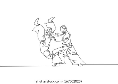 One single line drawing of young energetic man wearing kimono exercise aikido throw technique in sport hall vector illustration. Healthy lifestyle sport concept. Modern continuous line draw design