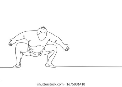 One single line drawing of young overweight Japanese sumo man ready to fight at arena competition vector illustration. Traditional rikishi combative sport concept. Modern continuous line draw design