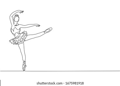 One single line drawing of young beauty dancer woman on tutu exercise classic ballet dance at ballet class graphic vector illustration. Choreographic move concept. Modern continuous line draw design