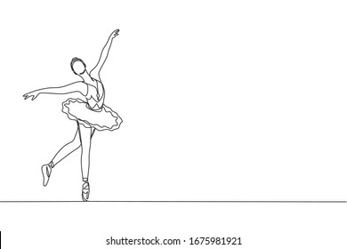 One single line drawing of young beauty dancer woman on tutu exercise classic ballet dance at ballet class vector graphic illustration. Choreographic move concept. Modern continuous line draw design