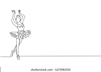 One single line drawing of young beauty dancer woman on tutu exercise classic ballet dance at ballet class graphic vector illustration. Choreographic move concept. Modern continuous line draw design