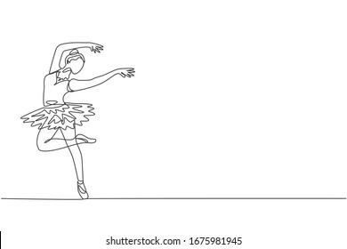 One single line drawing of young beauty dancer woman on tutu exercise classic ballet dance at ballet class vector graphic illustration. Choreographic move concept. Modern continuous line draw design