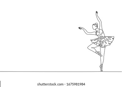 One single line drawing of young beauty dancer woman on tutu exercise classic ballet dance at ballet class vector graphic illustration. Choreographic move concept. Modern continuous line draw design