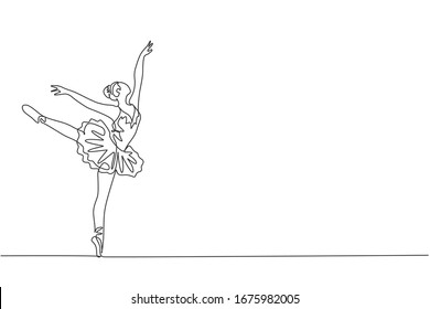 One single line drawing of young beauty dancer woman on tutu exercise classic ballet dance at ballet class graphic vector illustration. Choreographic move concept. Modern continuous line draw design