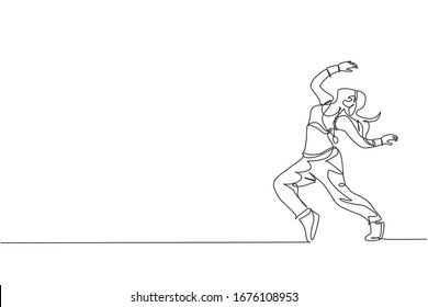 One single line drawing of young modern street dancer woman performing hip hop dance on the stage graphic vector illustration. Urban generation lifestyle concept. Continuous line draw design