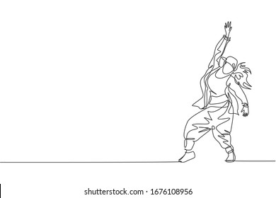 One single line drawing of young modern street dancer woman with hat performing hip hop dance on the stage vector illustration graphic. Urban generation lifestyle concept. Continuous line draw design