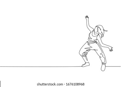 Dibujo de una sola línea de una joven bailarina de la calle moderna que interpreta el baile hip hop en la ilustración del vector del escenario. Concepto de estilo de vida urbano. Diseño continuo de dibujo de línea