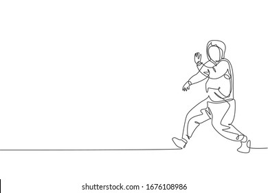 One single line drawing of young modern street dancer man with hoodie performing hip hop dance on the stage vector illustration graphic. Urban generation lifestyle concept. Continuous line draw design