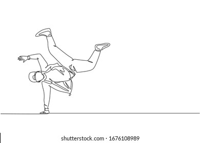 One Single Line Drawing Young Modern Street Dancer Man With Tracksuit Performing Hip Hop Dance On The Stage Graphic Vector Illustration. Urban Generation Lifestyle Concept. Continuous Line Draw Design