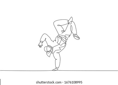 One single line drawing of young modern street dancer man with hoodie performing hip hop dance on the stage vector graphic illustration. Urban generation lifestyle concept. Continuous line draw design