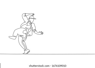 One Single Line Drawing Young Modern Street Dancer Man With Tracksuit Performing Hip Hop Dance On The Stage Vector Graphic Illustration. Urban Generation Lifestyle Concept. Continuous Line Draw Design