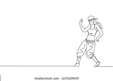 One single line drawing of young modern street dancer woman with hat performing hip hop dance on the stage vector graphic illustration. Urban generation lifestyle concept. Continuous line draw design
