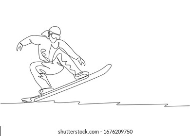 One single line drawing young energetic snowboarder man ride fast snowboard at snowy mountain graphic vector illustration. Tourist vacation lifestyle sport concept. Modern continuous line draw design