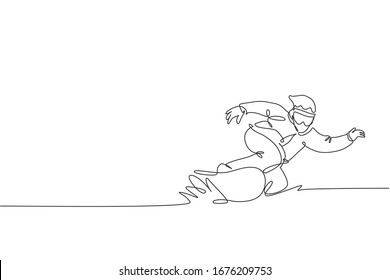 One single line drawing young energetic snowboarder man ride fast snowboard at snowy mountain vector illustration graphic. Tourist vacation lifestyle sport concept. Modern continuous line draw design