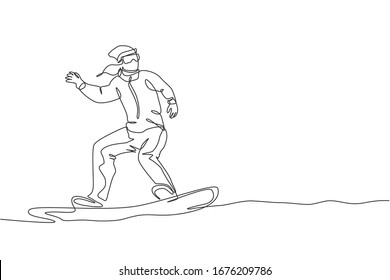 One single line drawing of young energetic snowboarder woman ride fast snowboard at snowy mountain vector illustration. Tourist vacation lifestyle sport concept. Modern continuous line draw design