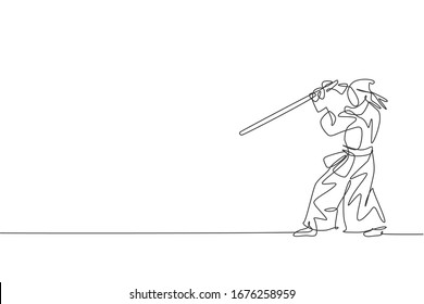 Un dibujo de una sola línea de hombre joven y enérgico ejercita kendo defensa se mueve con una espada de madera en el centro de fitness ilustración vectorial. Concepto de deporte de lucha contra el combate. Diseño moderno de líneas continuas