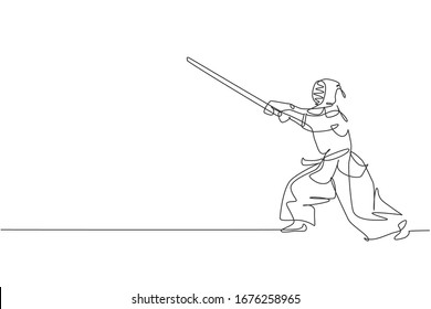 One Single Line Drawing Young Energetic Man Exercise Attack Kendo Skill With Wooden Sword At Gym Center Graphic Vector Illustration. Combative Fight Sport Concept. Modern Continuous Line Draw Design