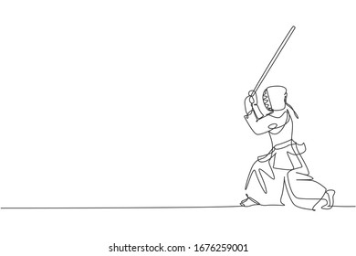 Un dibujo de una línea de hombre joven y enérgico ejercita la posición kendo posar con una espada de madera en el centro de fitness ilustración vectorial. Concepto de deporte de lucha contra el combate. Diseño moderno de líneas continuas