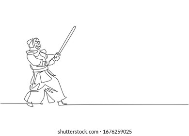 One Single Line Drawing Of Young Energetic Man Exercise Defense Skill On Kendo With Wooden Sword At Gym Center Vector Illustration. Combative Fight Sport Concept. Modern Continuous Line Draw Design