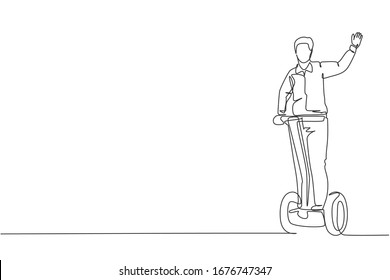 One single line drawing young energetic man riding electric two wheel balance at city park vector illustration. Future transporter. Healthy lifestyle sport concept. Modern continuous line draw design