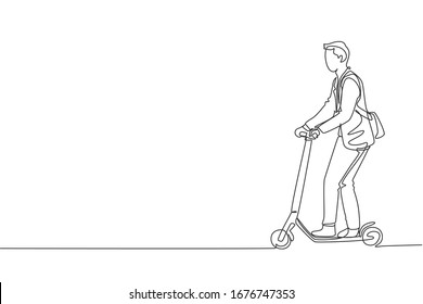 One single line drawing of young energetic man riding electric scooter at city park vector graphic illustration. Future transport. Healthy lifestyle sport concept. Modern continuous line draw design