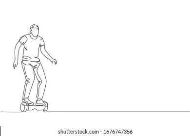 One single line drawing of young energetic man riding hoverboard at city park vector illustration. Future gyroscooter transport. Healthy lifestyle sport concept. Modern continuous line draw design