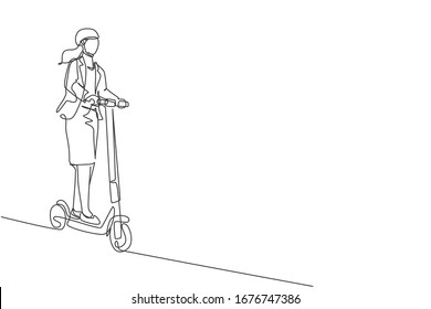 One single line drawing of young energetic worker woman riding electric scooter to the office vector illustration. Future transport. Healthy lifestyle sport concept. Modern continuous line draw design