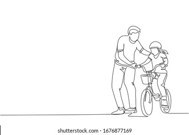 One single line drawing young father teaching his daughter riding bicycle at public park graphic vector illustration. Fatherhood lesson. Urban family time concept. Modern continuous line draw design