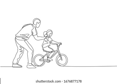 One single line drawing young father teaching his daughter riding bicycle at public park vector graphic illustration. Fatherhood lesson. Urban family time concept. Modern continuous line draw design