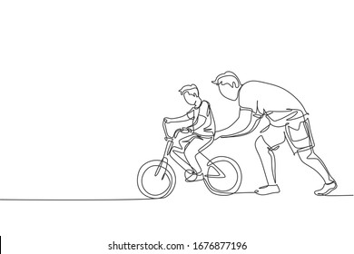 Eine einzige Zeichnung des jungen Vaters, der seinem Sohn das Fahrrad im öffentlichen Park Vektorillustration Illustration beibringt. Vaterschaftstunde. Städtisches Familienzeitkonzept. Modernes Design für fortlaufende Linienführung