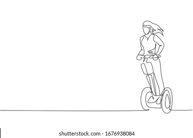 One single line drawing of young energetic woman riding electric kick scooter at city park vector illustration. Future transport. Healthy lifestyle sport concept. Modern continuous line draw design