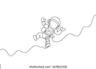 One single line drawing of young astronaut in spacesuit flying at outer space vector graphic illustration. Spaceman adventure galactic space concept. Modern continuous line draw design