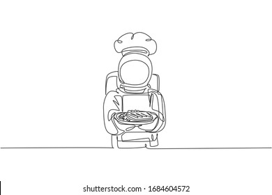 One single line drawing of young astronaut chef serving healthy steak cuisine food for cafe resto graphic vector illustration. Delicious space galaxy dish concept. Modern continuous line draw design